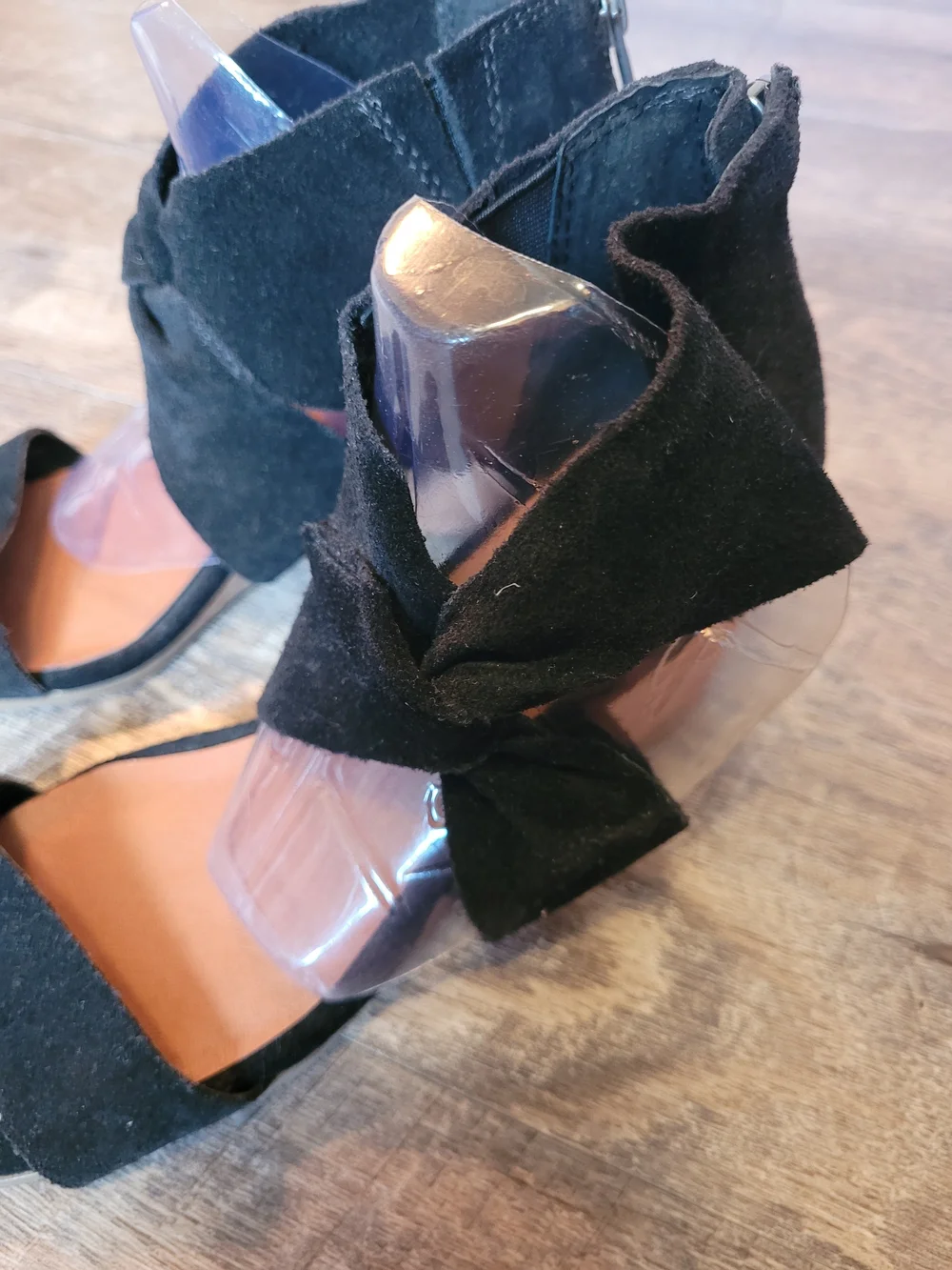 Black Suede Lucky Brand Size 5.5 Back Zip Wood Wedge Twist Slide Sandals Shoes